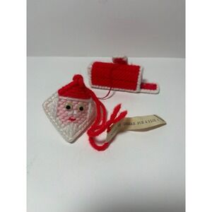 Vintage Handmade Plastic Canvas Santa Claus & Mailbox Christmas Ornament Set